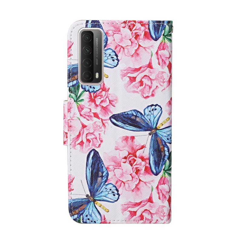 Flip Cover Læder Huawei P Smart 2021 Magenta Thong Blomster Sommerfugle Beskyttelse