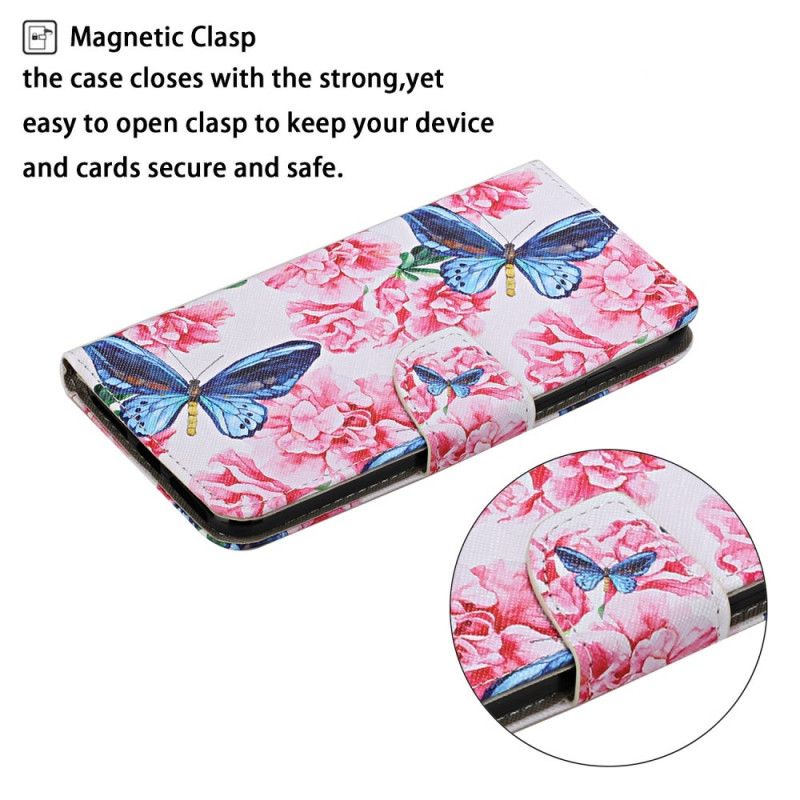 Flip Cover Læder Huawei P Smart 2021 Magenta Thong Blomster Sommerfugle Beskyttelse