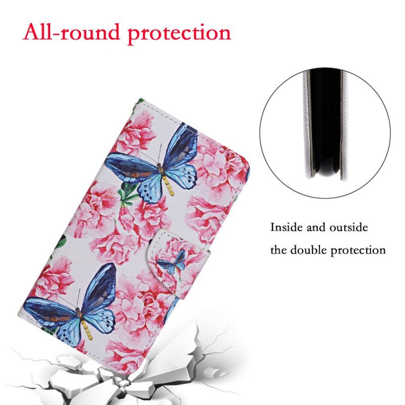 Flip Cover Læder Huawei P Smart 2021 Magenta Thong Blomster Sommerfugle Beskyttelse