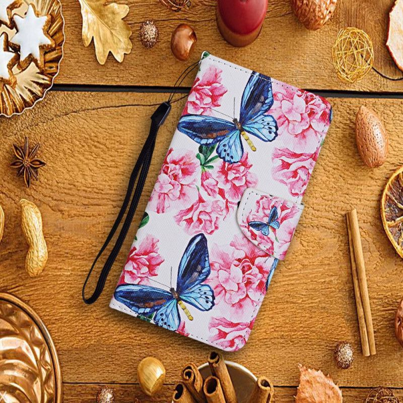 Flip Cover Læder Huawei P Smart 2021 Magenta Thong Blomster Sommerfugle Beskyttelse