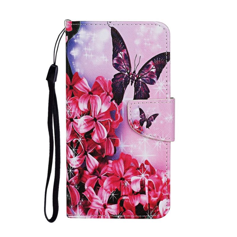 Flip Cover Læder Huawei P Smart 2021 Magenta Thong Blomster Sommerfugle Beskyttelse