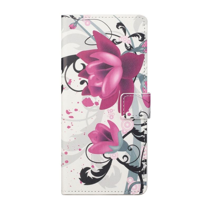 Flip Cover Læder Huawei P Smart 2021 Magenta Tropiske Blomster Original