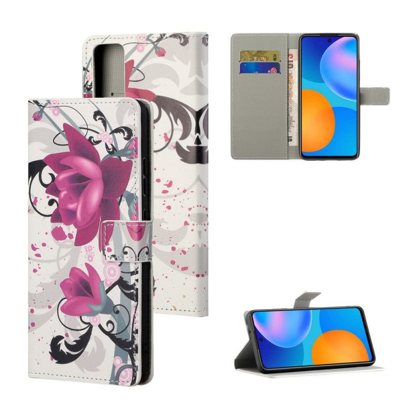 Flip Cover Læder Huawei P Smart 2021 Magenta Tropiske Blomster Original