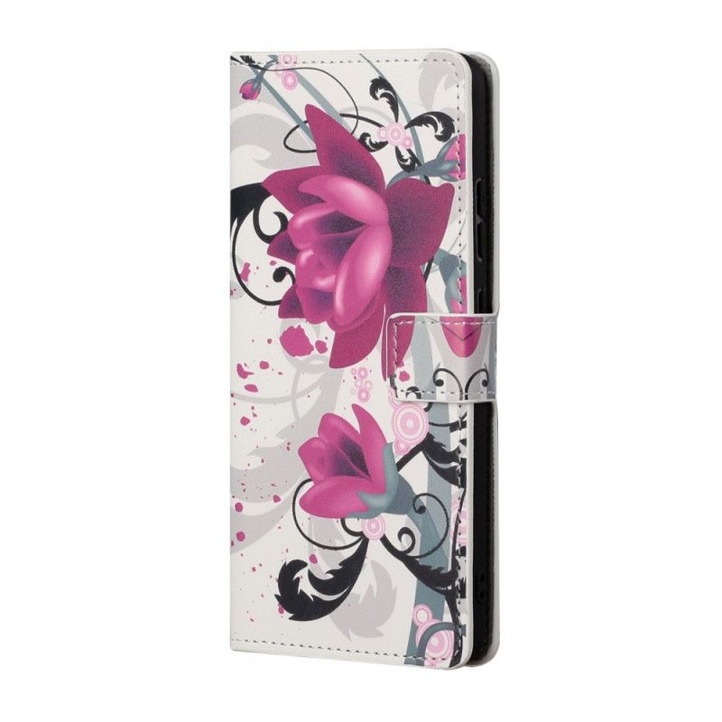 Flip Cover Læder Huawei P Smart 2021 Magenta Tropiske Blomster Original