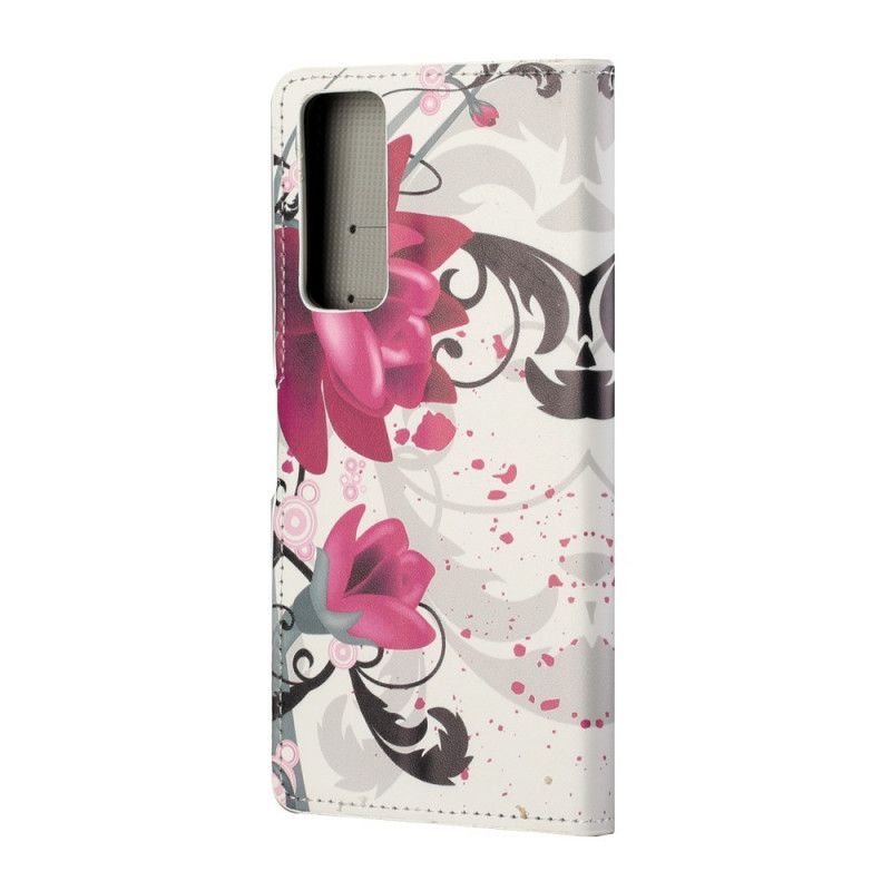 Flip Cover Læder Huawei P Smart 2021 Magenta Tropiske Blomster Original