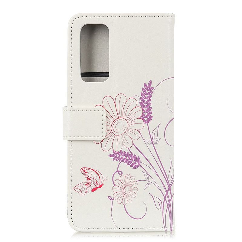 Flip Cover Læder Huawei P Smart 2021 Tegning Af Sommerfugle Og Blomster