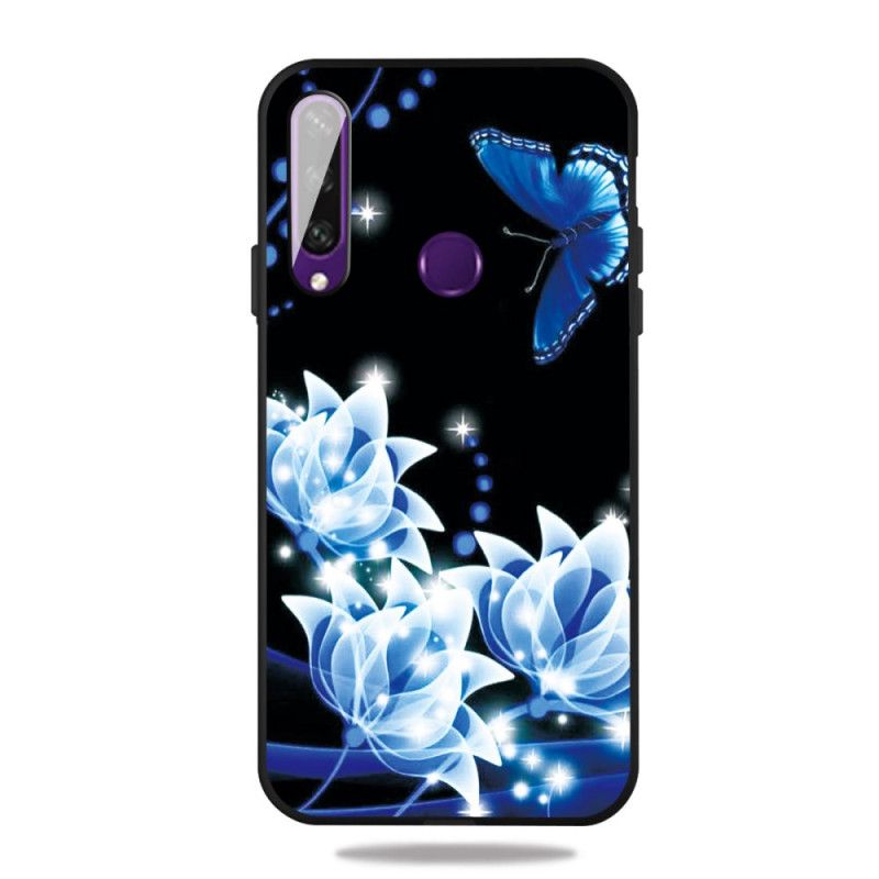 Cover Huawei Y6p Mobilcover Sommerfugl Og Blå Blomster