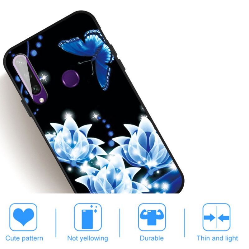 Cover Huawei Y6p Mobilcover Sommerfugl Og Blå Blomster