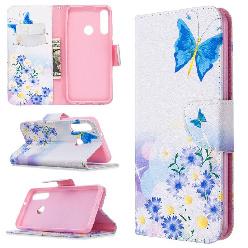 Flip Cover Huawei Y6p Magenta Malede Sommerfugle Og Blomster