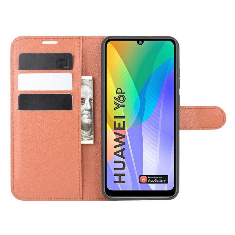 Flip Cover Læder for Huawei Y6p Sort Klassisk Lychee Imiteret Læder