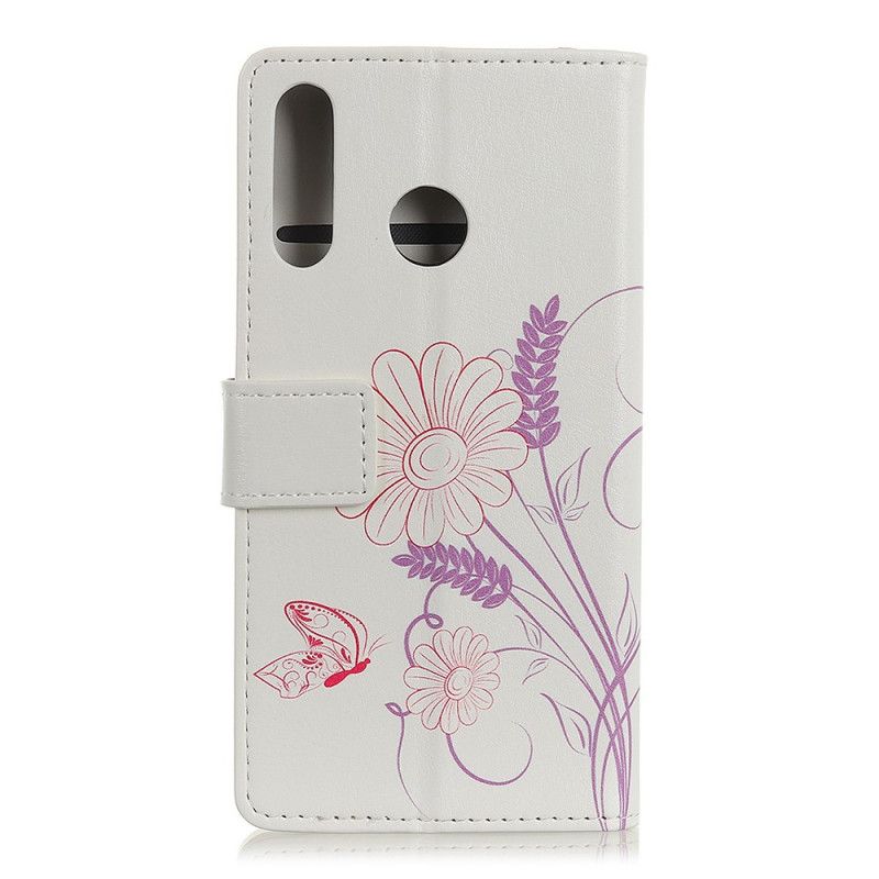 Flip Cover Læder for Huawei Y6p Tegning Af Sommerfugle Og Blomster