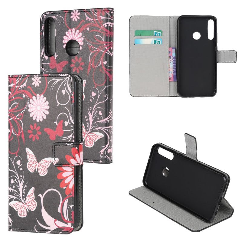 Flip Cover Læder Huawei Y6p Sort Sommerfugle Og Blomster Beskyttelse