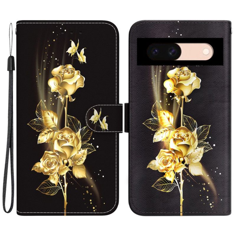 Læder Cover Google Pixel 8a Telefon Etui Guld Og Rose Sommerfugle Med Rem