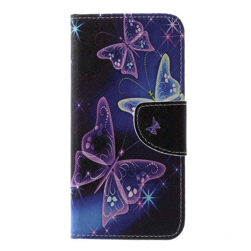 Flip Cover Læder for Samsung Galaxy S10e Lilla Sommerfugle Og Blomster