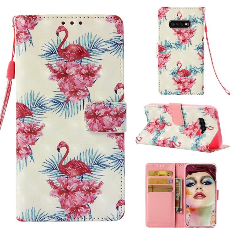 Flip Cover Læder Samsung Galaxy S10e Hvid Flere Flamingoer