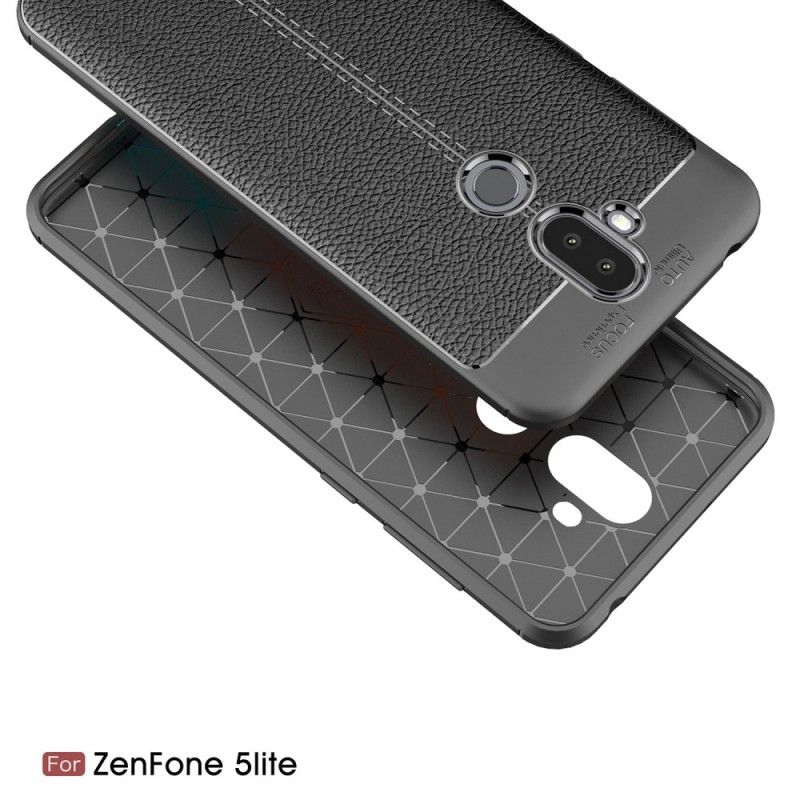 Cover Asus ZenFone 5 Lite Sort Dobbeltlinjeret Lychee-Lædereffekt