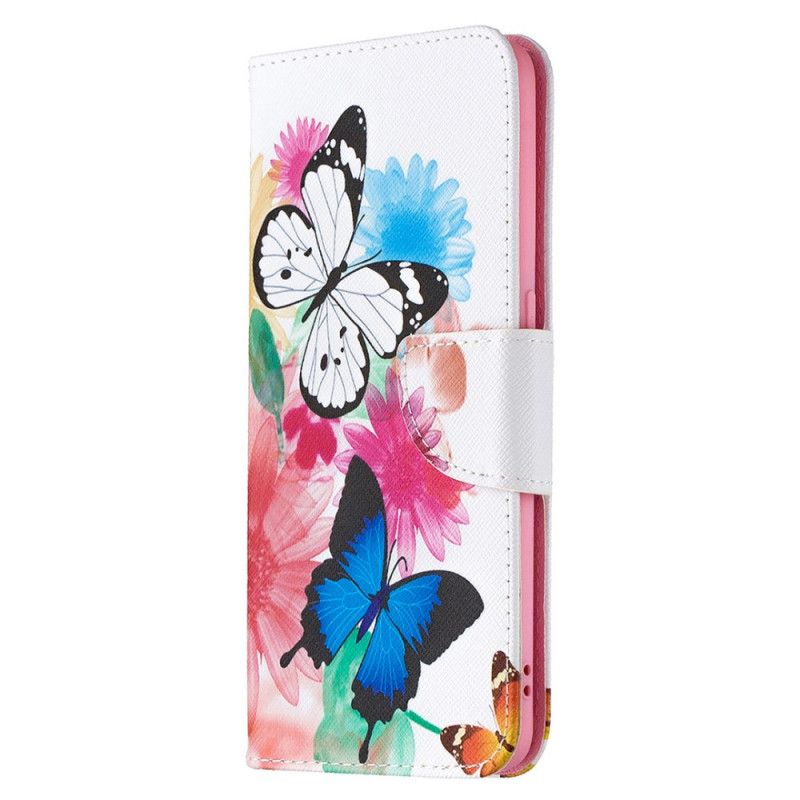 Flip Cover Læder for Oppo Find X2 Lite Magenta Malede Sommerfugle Og Blomster