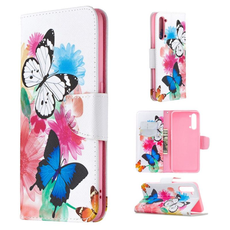 Flip Cover Læder for Oppo Find X2 Lite Magenta Malede Sommerfugle Og Blomster