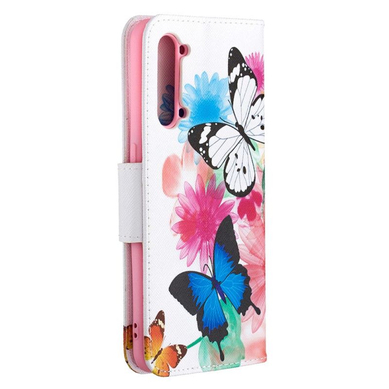 Flip Cover Læder for Oppo Find X2 Lite Magenta Malede Sommerfugle Og Blomster