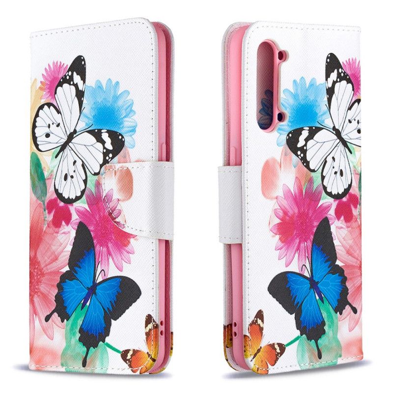 Flip Cover Læder for Oppo Find X2 Lite Magenta Malede Sommerfugle Og Blomster