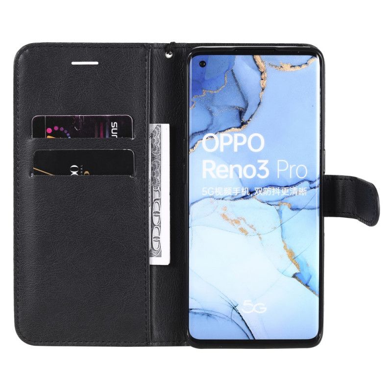 Flip Cover Læder for Oppo Find X2 Neo Sort Ensfarvet Serie Med Rem