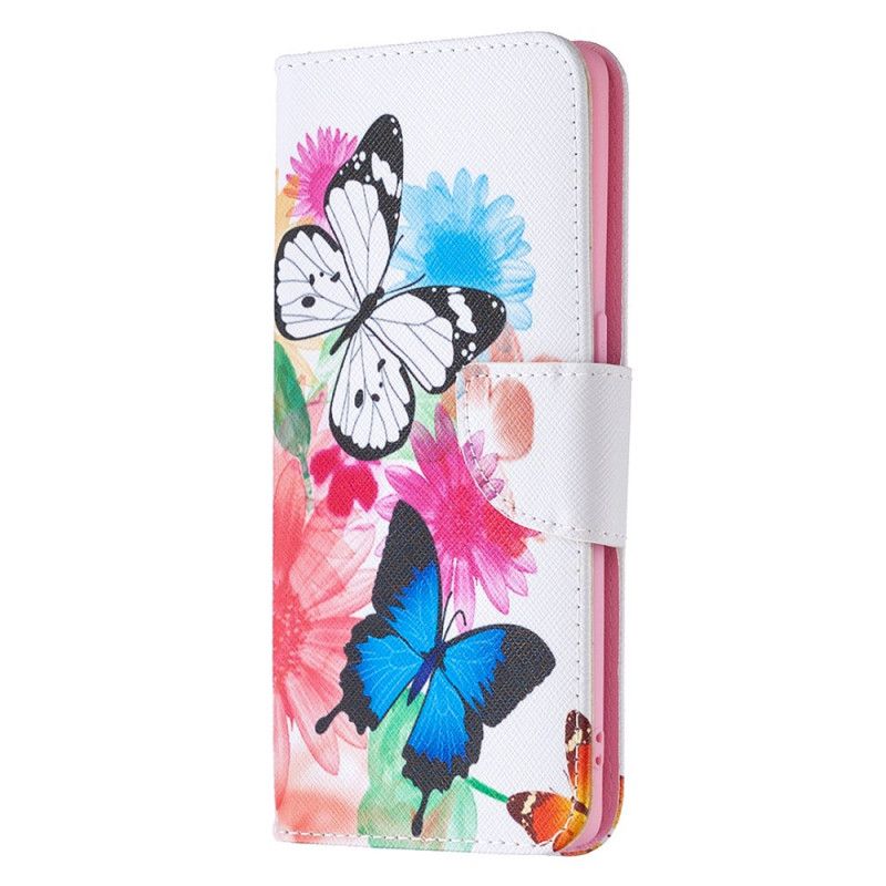 Flip Cover Læder Oppo Find X2 Neo Magenta Malede Sommerfugle Og Blomster Original