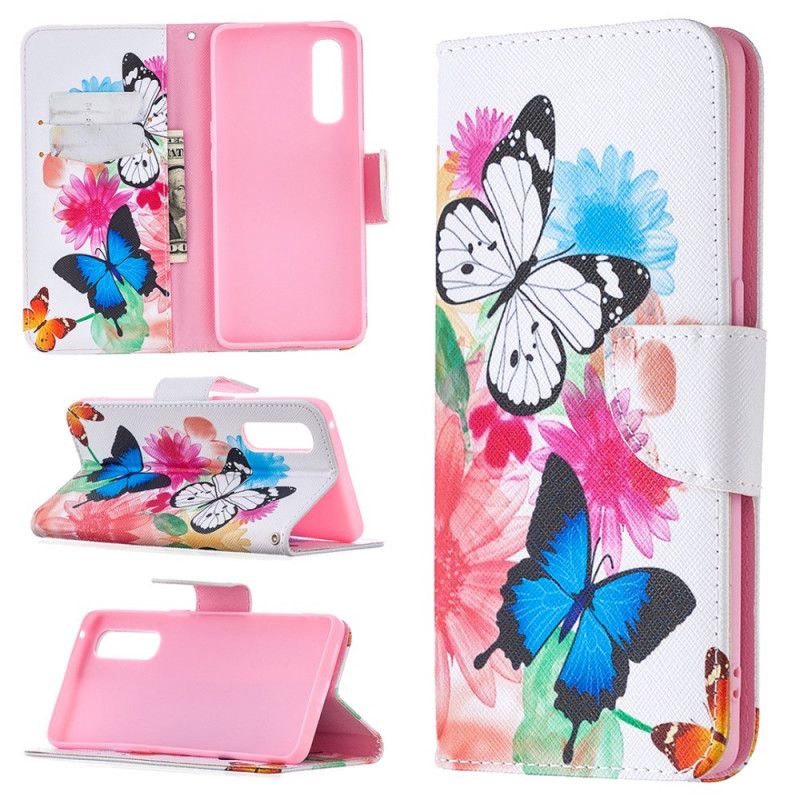 Flip Cover Læder Oppo Find X2 Neo Magenta Malede Sommerfugle Og Blomster Original