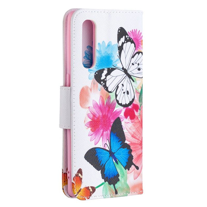 Flip Cover Læder Oppo Find X2 Neo Magenta Malede Sommerfugle Og Blomster Original