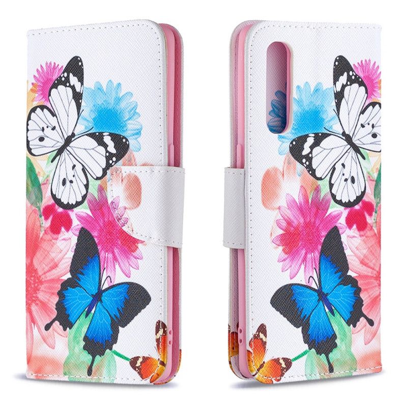 Flip Cover Læder Oppo Find X2 Neo Magenta Malede Sommerfugle Og Blomster Original