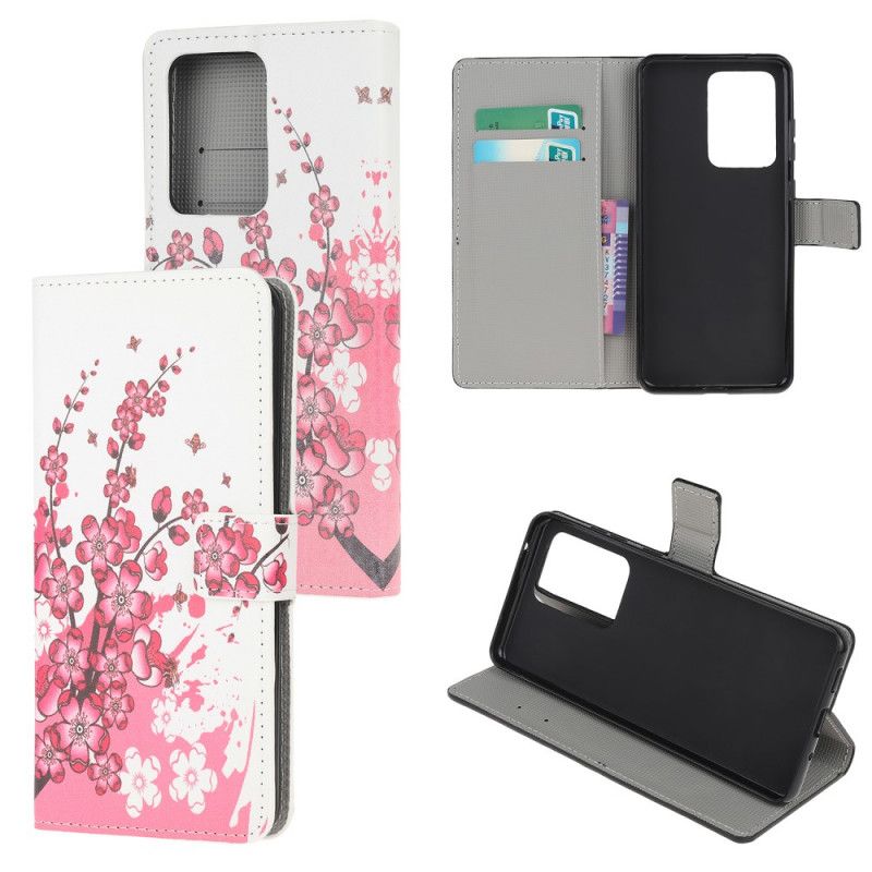 Flip Cover Læder for Samsung Galaxy Note 20 Ultra Magenta Tropiske Blomster