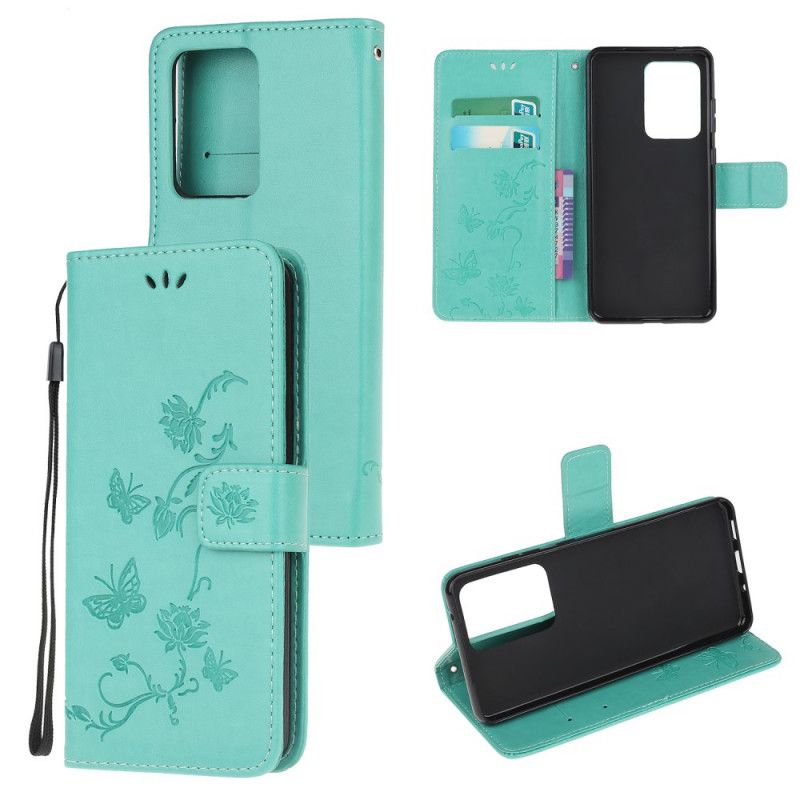 Flip Cover Læder Samsung Galaxy Note 20 Ultra Sort Sommerfugle Og Tanga Blomster