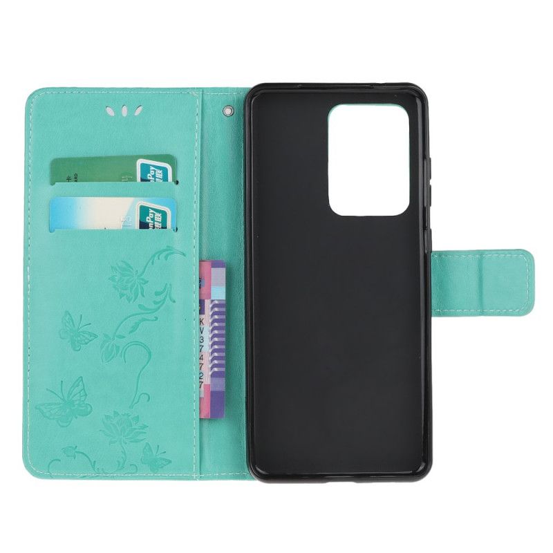 Flip Cover Læder Samsung Galaxy Note 20 Ultra Sort Sommerfugle Og Tanga Blomster