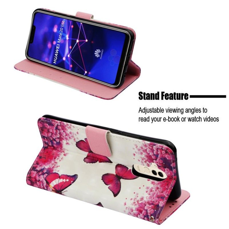 Flip Cover Læder Huawei Mate 20 Lite 3D Røde Sommerfugle