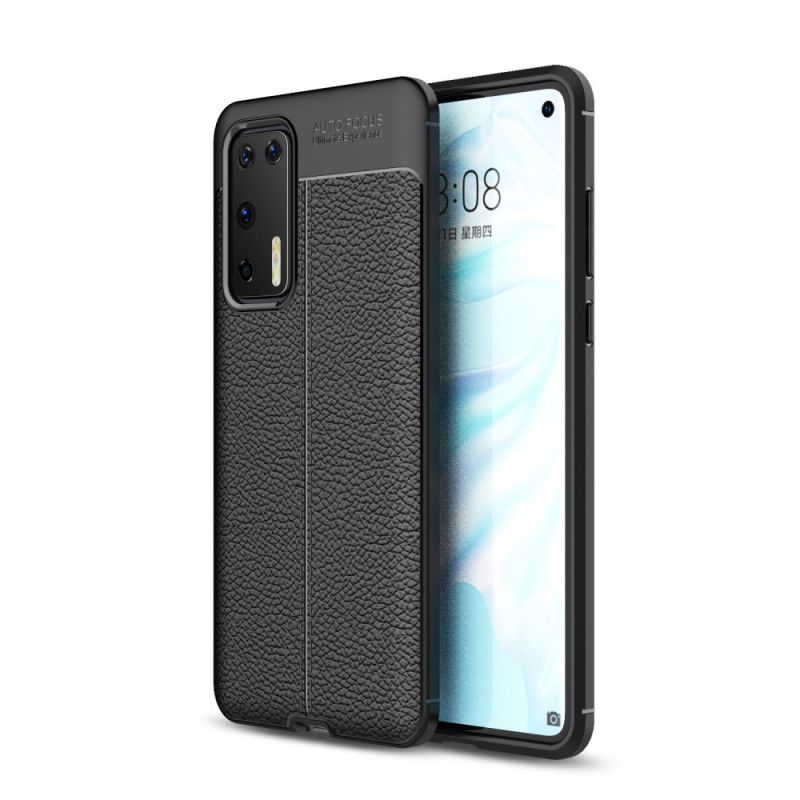 Cover for Huawei P40 Sort Dobbeltlinjeret Lychee-Lædereffekt