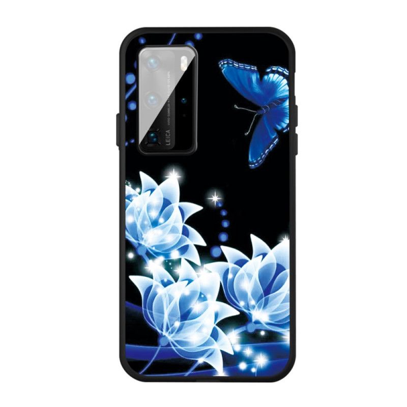 Cover Huawei P40 Mobilcover Sommerfugl Og Blå Blomster