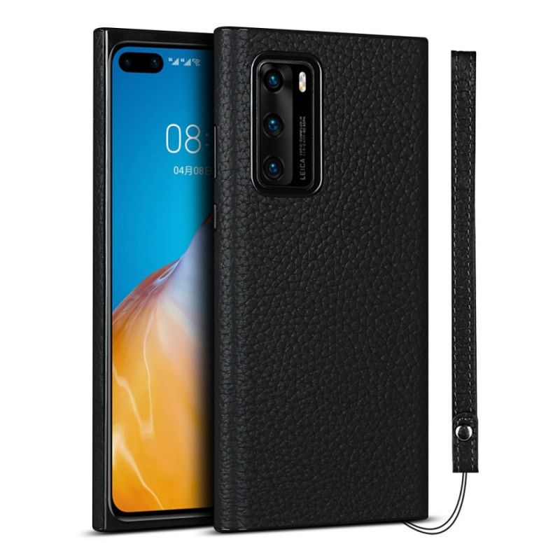 Cover Huawei P40 Sort Ægte Lychee Læder Med Rem