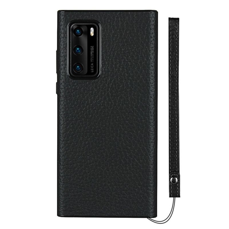 Cover Huawei P40 Sort Ægte Lychee Læder Med Rem