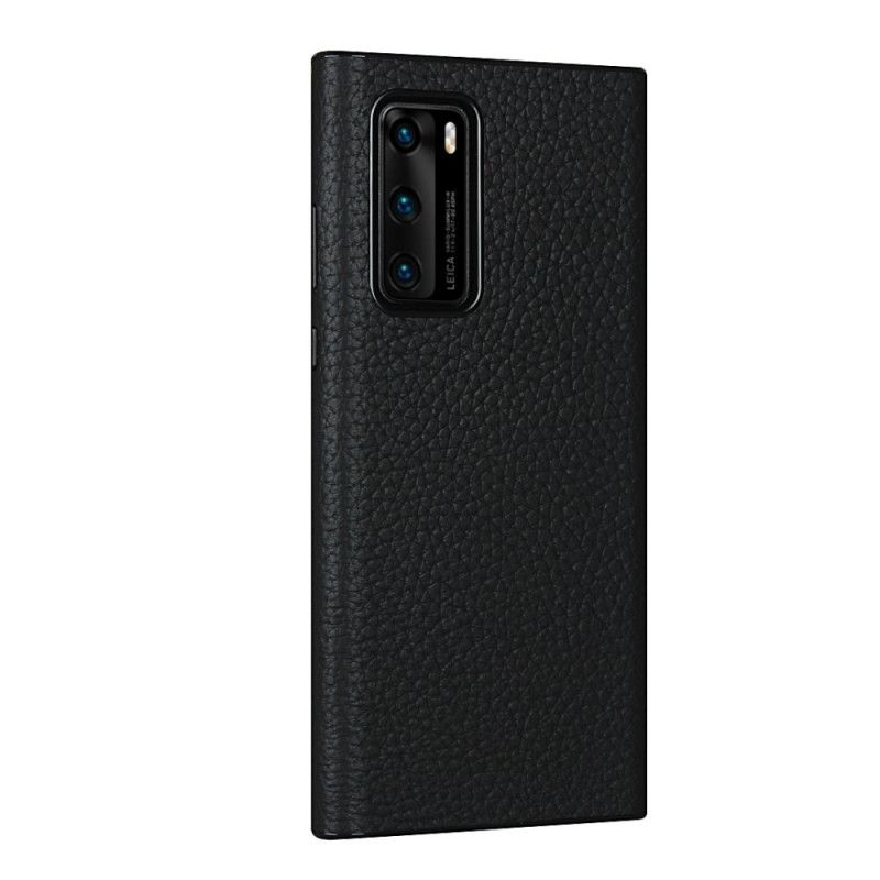 Cover Huawei P40 Sort Ægte Lychee Læder Med Rem