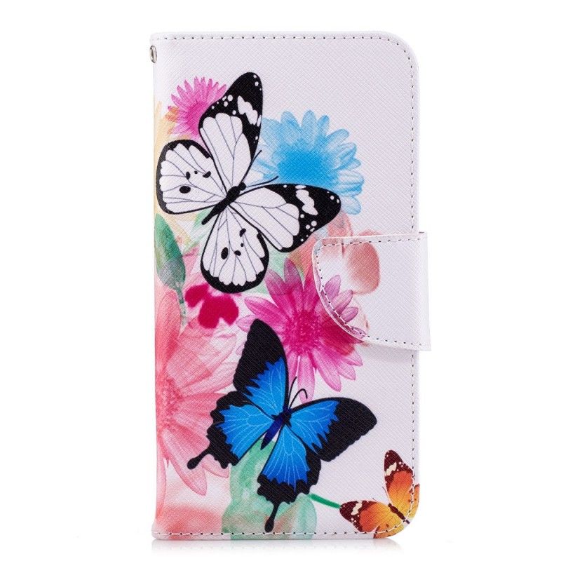 Flip Cover Læder for Huawei P20 Lite Lyserød Malede Sommerfugle Og Blomster