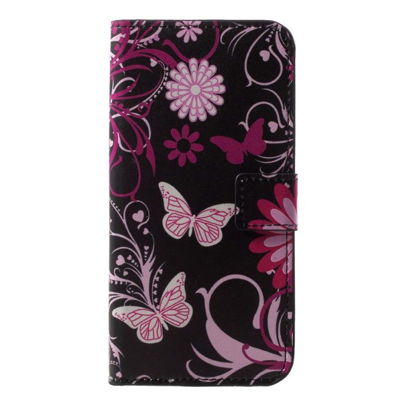 Flip Cover Læder Huawei P20 Lite Sort Sommerfugle Og Blomster Original