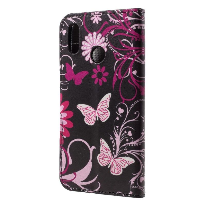 Flip Cover Læder Huawei P20 Lite Sort Sommerfugle Og Blomster Original