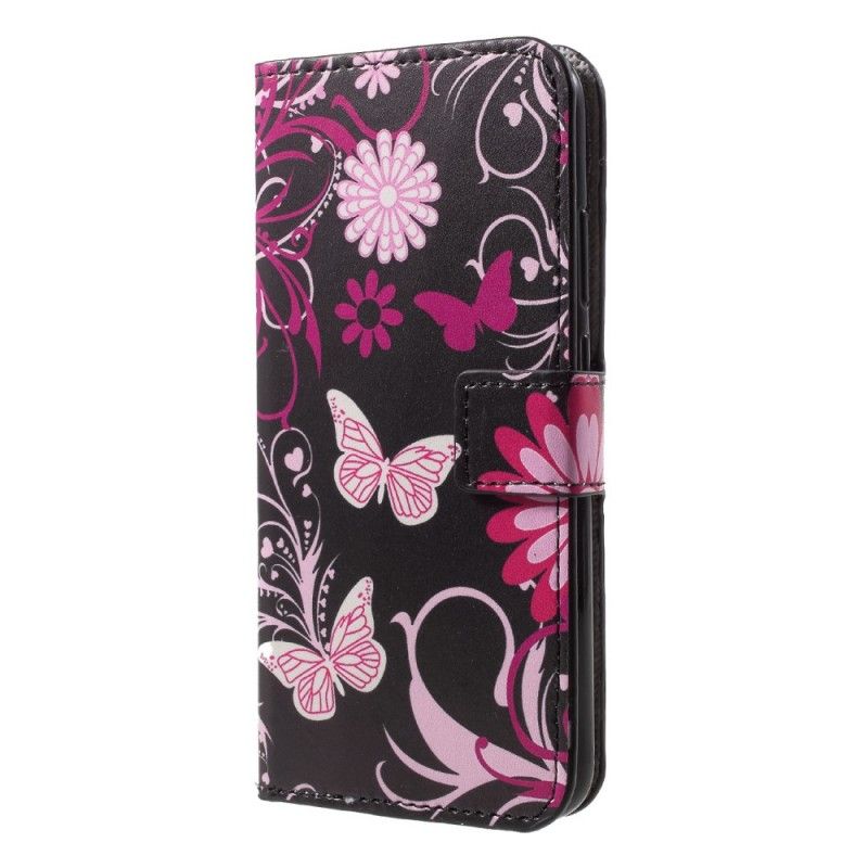 Flip Cover Læder Huawei P20 Lite Sort Sommerfugle Og Blomster Original