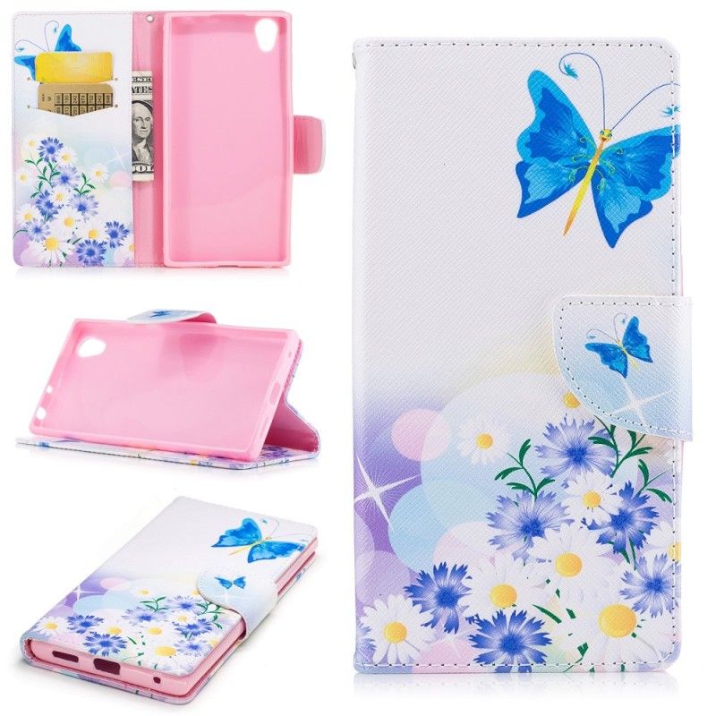 Flip Cover Læder Sony Xperia L1 Lyserød Malede Sommerfugle Og Blomster