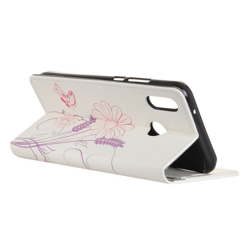 Flip Cover Alcatel 3X (2019) Mobilcover Tegning Af Sommerfugle Og Blomster