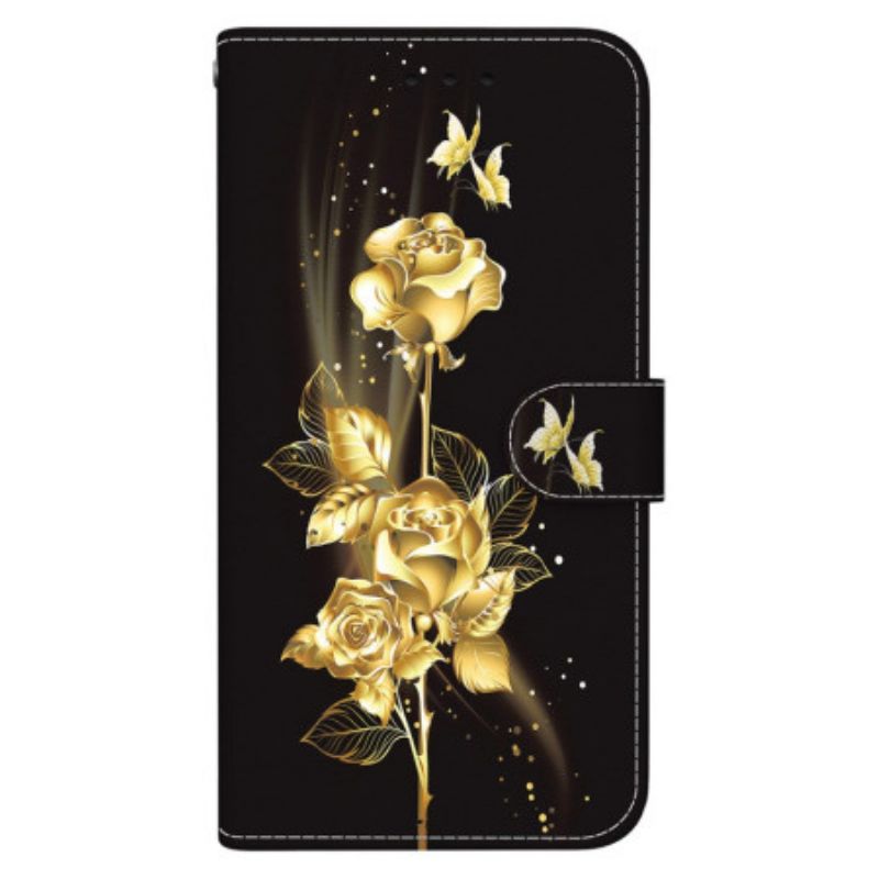 Flip Cover Samsung Galaxy S24 Ultra 5g Guld Sommerfugl Og Rose Med Rem