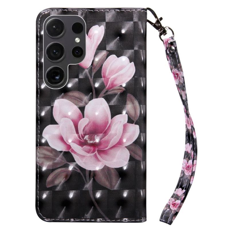 Flip Cover Samsung Galaxy S24 Ultra 5g Lyserøde Blomster På Sort Baggrund Med Rem