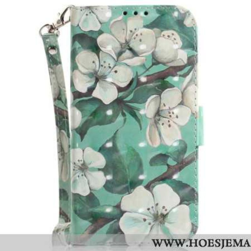 Flip Cover Samsung Galaxy S24 Ultra 5g Med Hvide Blomster Med Rem