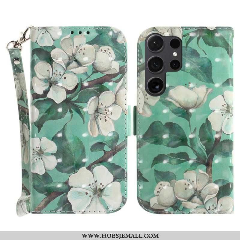 Flip Cover Samsung Galaxy S24 Ultra 5g Med Hvide Blomster Med Rem