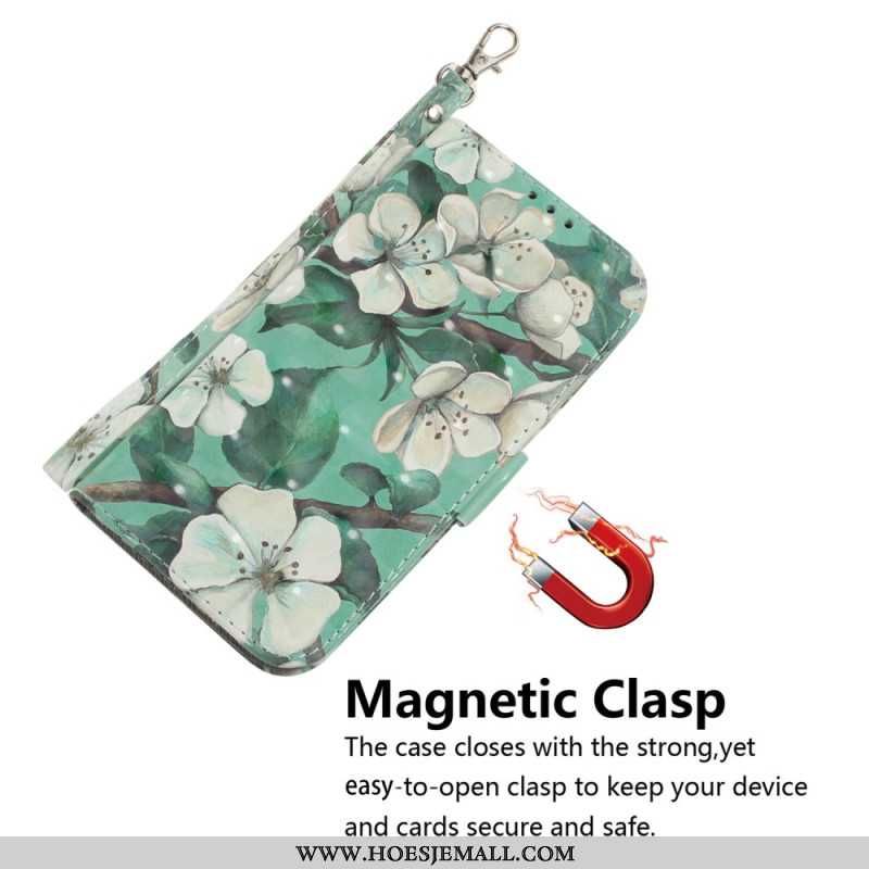 Flip Cover Samsung Galaxy S24 Ultra 5g Med Hvide Blomster Med Rem