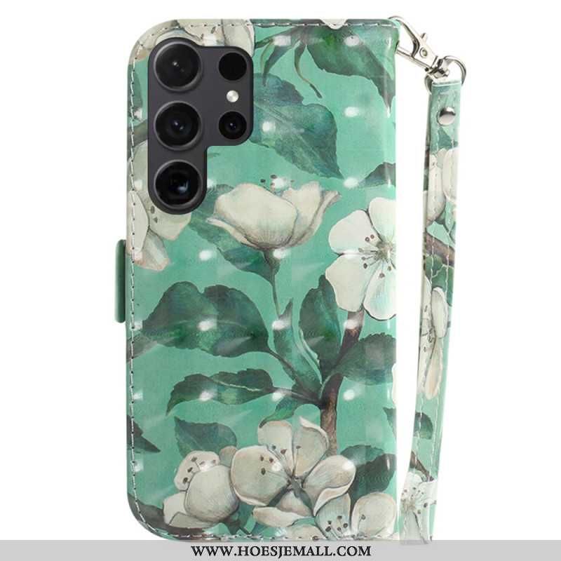 Flip Cover Samsung Galaxy S24 Ultra 5g Med Hvide Blomster Med Rem